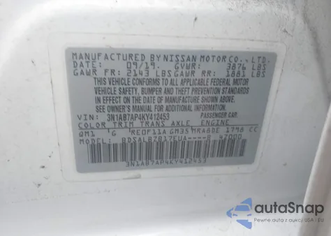 2019 Nissan Sentra S z USA, uszkodzony, nr VIN 3N1AB7AP4KY412453